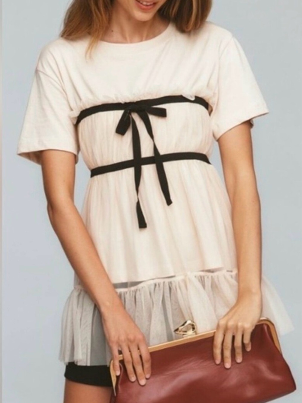 Anthropologie Tiered Bow Tulle Tee Shirt Top Light Pink Feminine Size Small New
